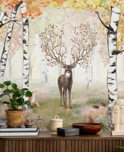 deer with magical antlers in autumnal birch woodland wallpaper deer with magical antlers in autumnal birch woodland wallpaper