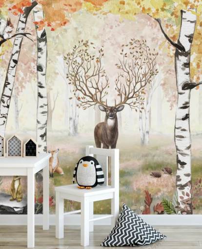 deer with magical antlers in autumnal birch woodland wallpaper