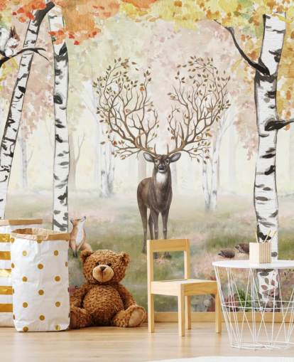 deer with magical antlers in autumnal birch woodland wallpaper