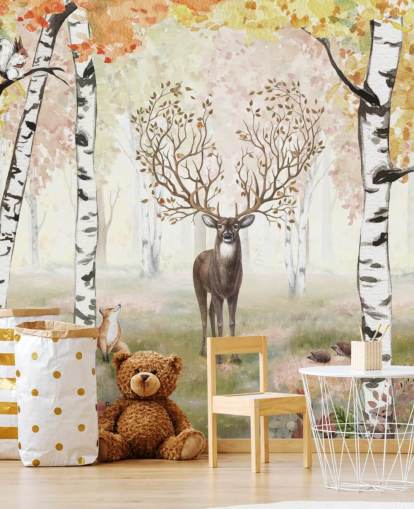 papel pintado de ciervos con astas mágicas en un bosque otoñal de abedules