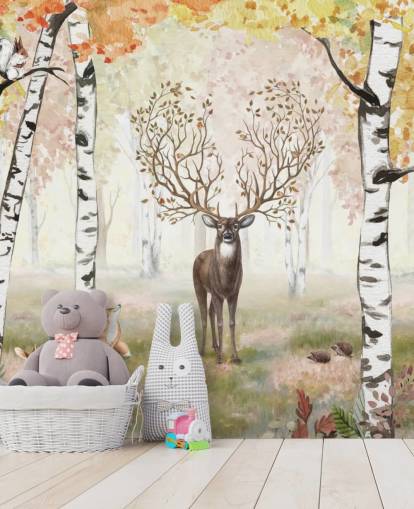 carta da parati autunnale con cervi con corna magiche nel bosco di betulle carta da parati autunnale con cervi con corna magiche nel bosco di betulle