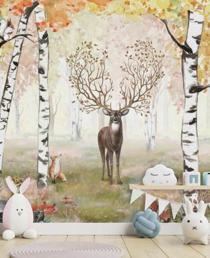 deer with magical antlers in autumnal birch woodland wallpaper deer with magical antlers in autumnal birch woodland wallpaper