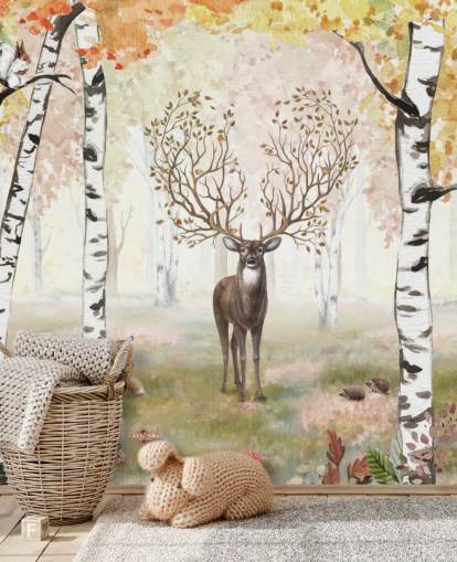 hert met magisch gewei in berkenbosbehang in de herfst