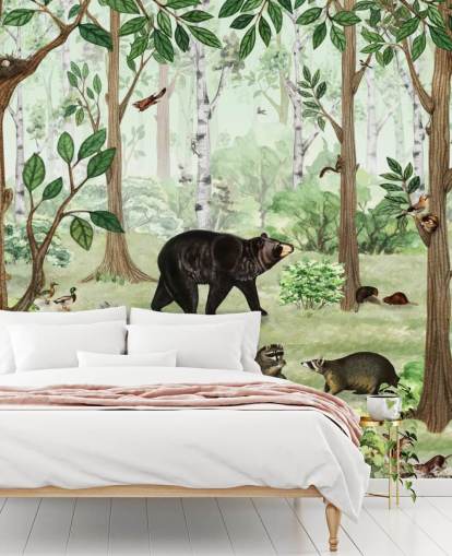 woodland animals in a forest wallpaper