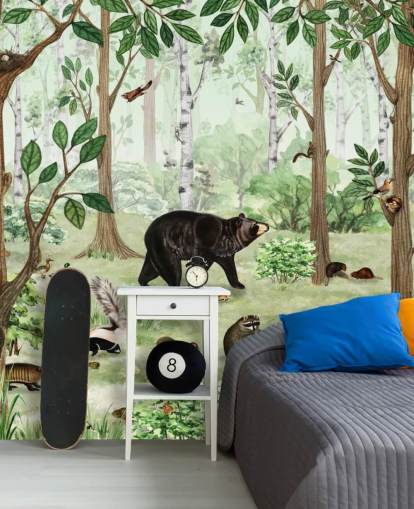 woodland animals in a forest wallpaper