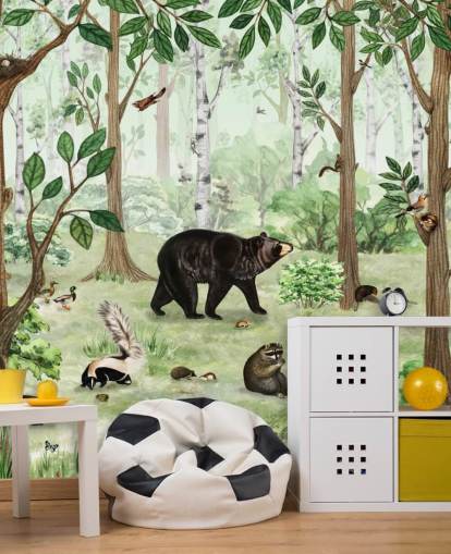 woodland animals in a forest wallpaper