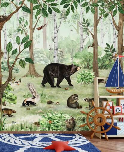 woodland animals in a forest wallpaper