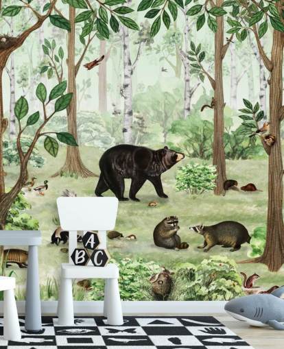 woodland animals in a forest wallpaper
