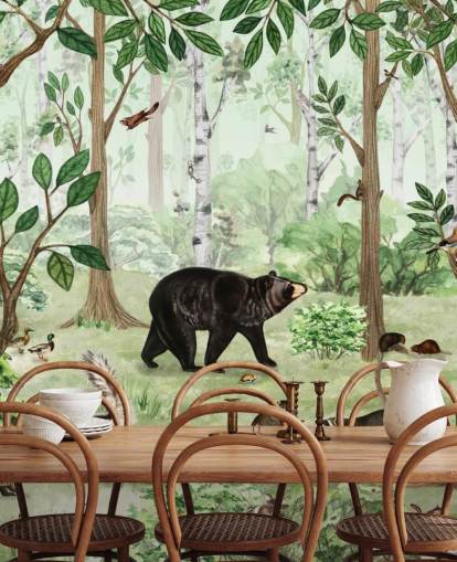 woodland animals in a forest wallpaper