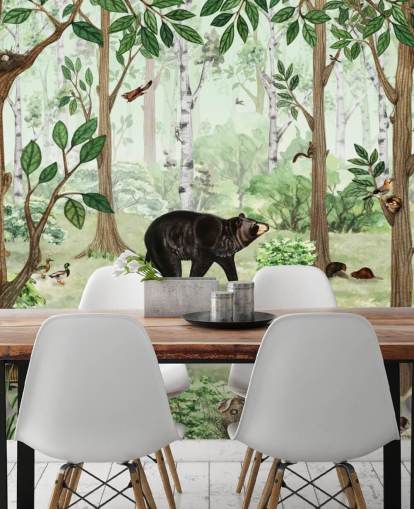 woodland animals in a forest wallpaper