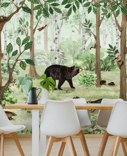 woodland animals in a forest wallpaper