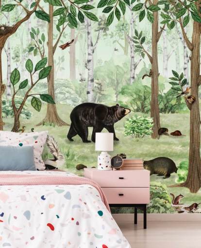 woodland animals in a forest wallpaper