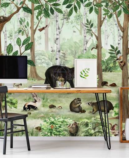 woodland animals in a forest wallpaper