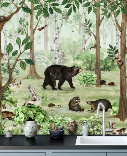 woodland animals in a forest wallpaper