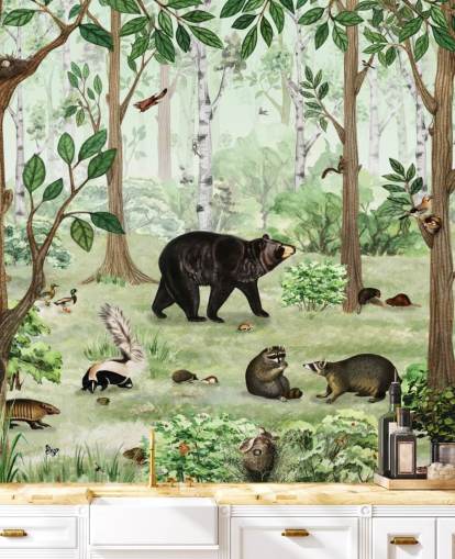 woodland animals in a forest wallpaper