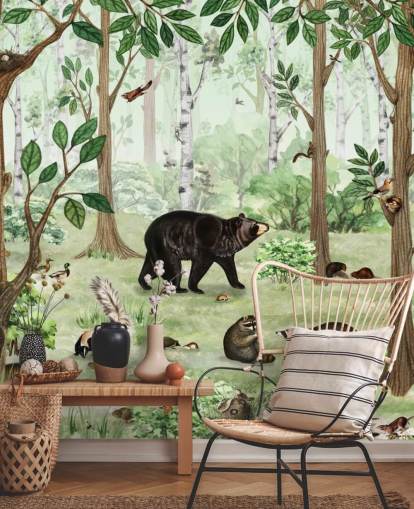woodland animals in a forest wallpaper