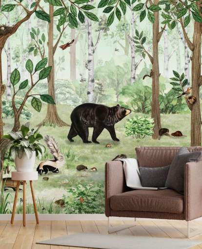 woodland animals in a forest wallpaper