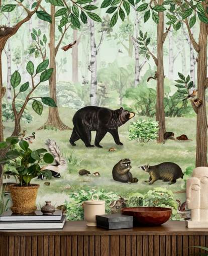 animais da floresta em um papel de parede da floresta