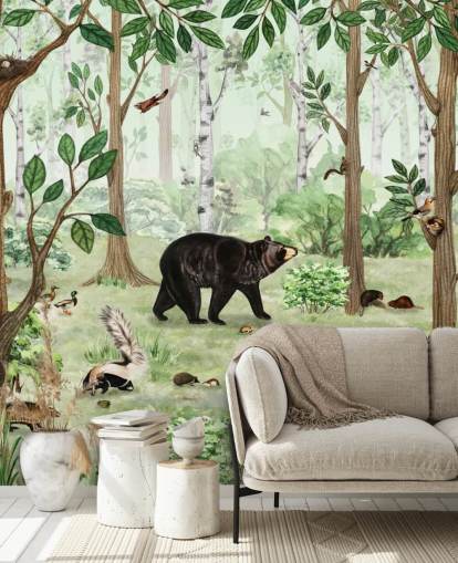 woodland animals in a forest wallpaper