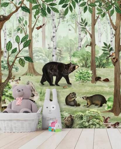animali del bosco in una carta da parati forestale