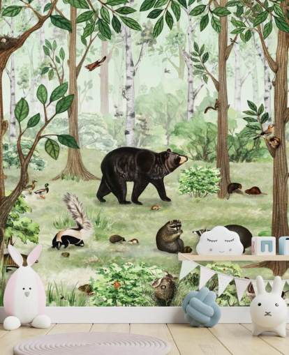 woodland animals in a forest wallpaper
