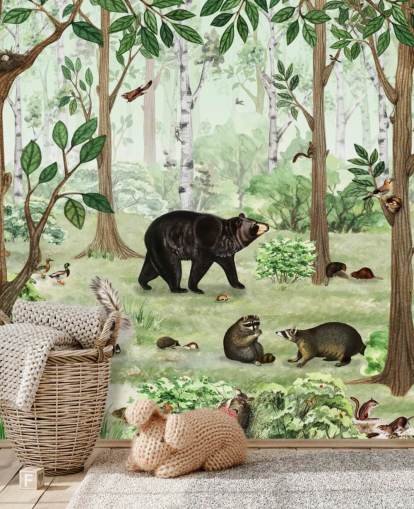 woodland animals in a forest wallpaper