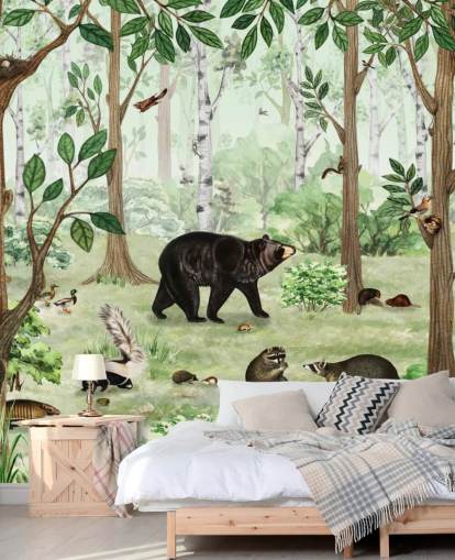 woodland animals in a forest wallpaper