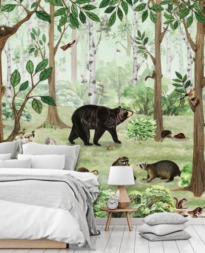 woodland animals in a forest wallpaper