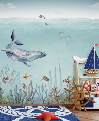 (papier peint baleine, poisson et océan)