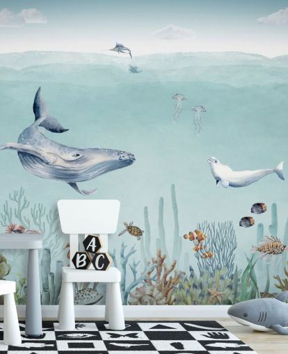 (papier peint baleine, poisson et océan) (papier peint baleine, poisson et océan)