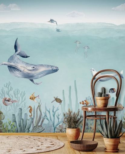baleia, peixe e oceano (papel de parede)