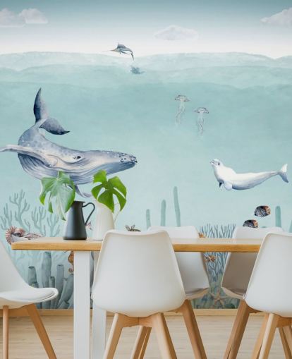 (papier peint baleine, poisson et océan)