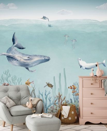 baleia, peixe e oceano (papel de parede)