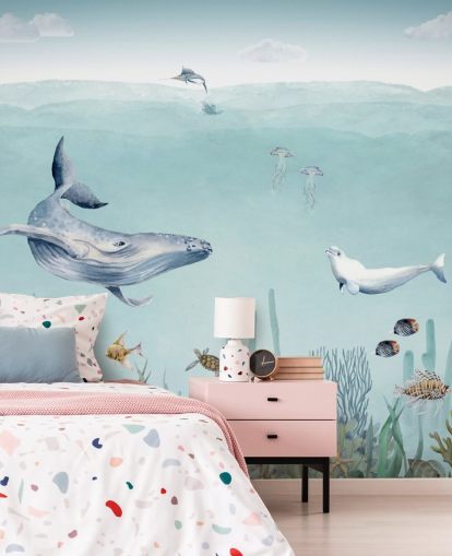 (papier peint baleine, poisson et océan)