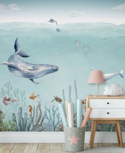 baleia, peixe e oceano (papel de parede)