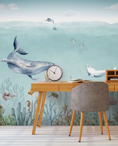 fondo de pantalla de ballenas, peces y océano)