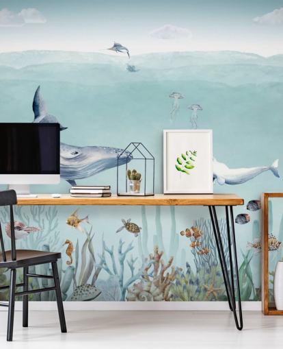 walvis, vissen en oceaan (behang)