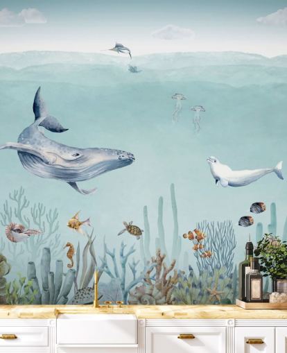 fondo de pantalla de ballenas, peces y océano)