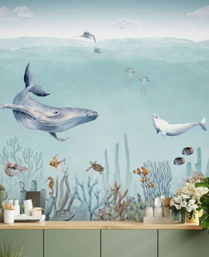 fondo de pantalla de ballenas, peces y océano) fondo de pantalla de ballenas, peces y océano)