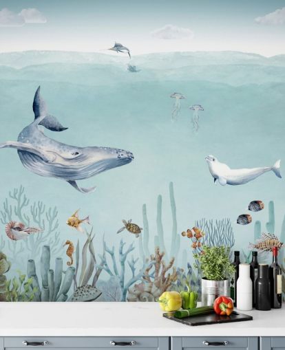 (papier peint baleine, poisson et océan)