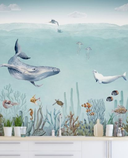 (papier peint baleine, poisson et océan)