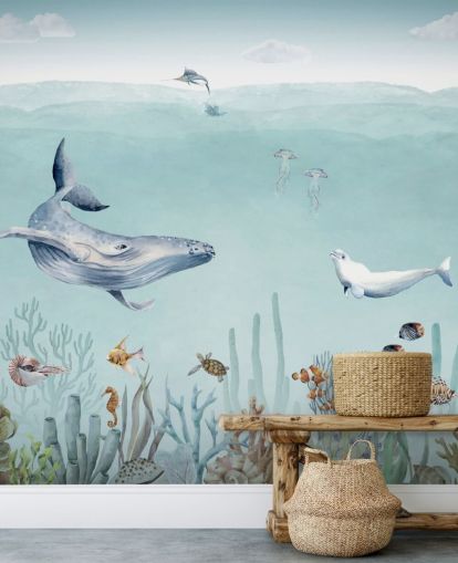 (papier peint baleine, poisson et océan)