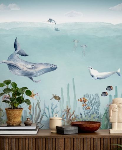 fondo de pantalla de ballenas, peces y océano)