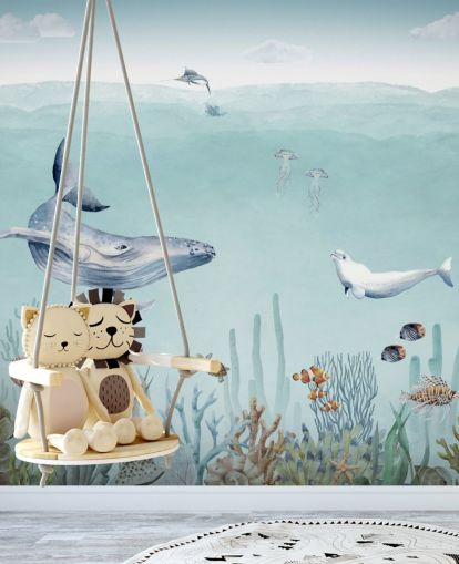 baleia, peixe e oceano (papel de parede)