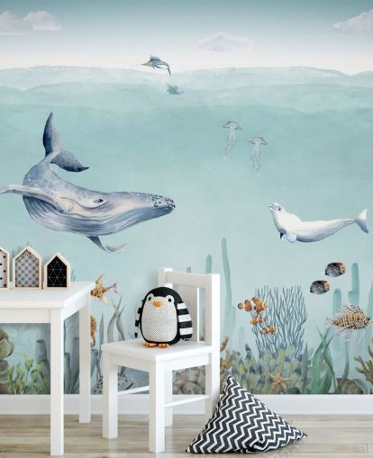 baleia, peixe e oceano (papel de parede)