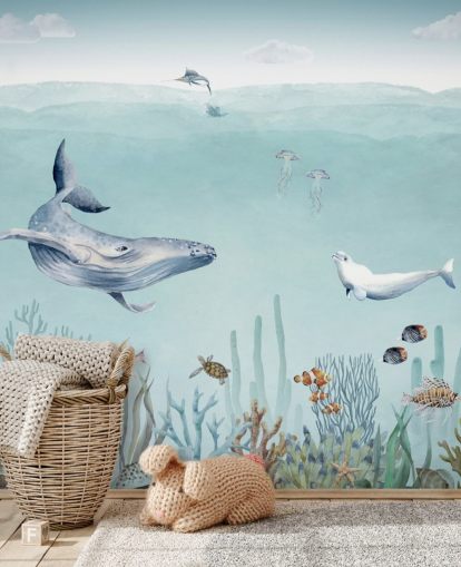 baleia, peixe e oceano (papel de parede)