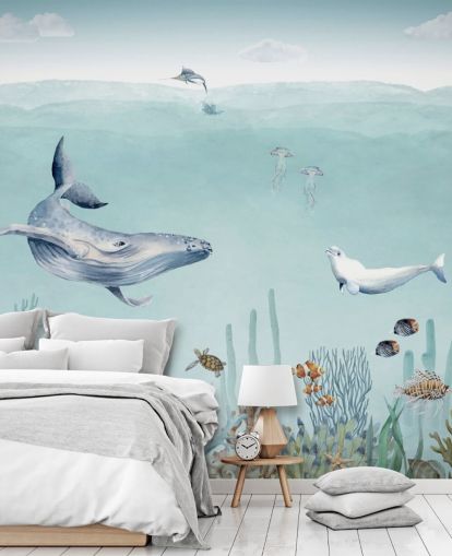 (papier peint baleine, poisson et océan)