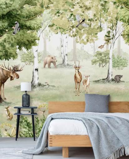 woodland animals in a forest wallpaper