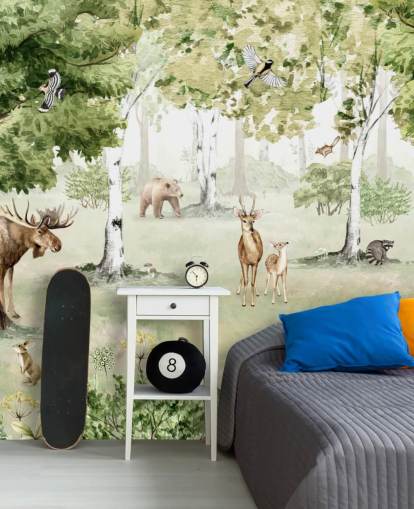 woodland animals in a forest wallpaper