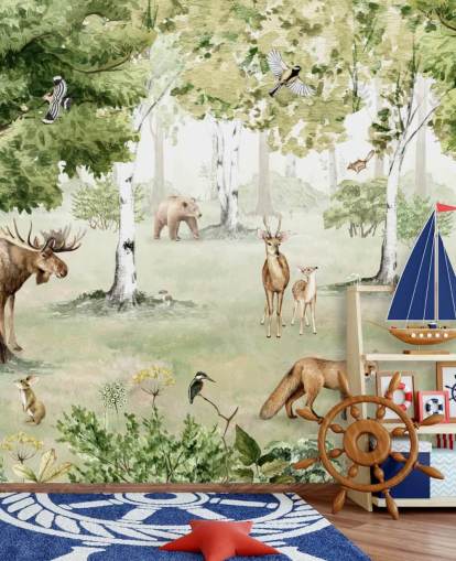 woodland animals in a forest wallpaper